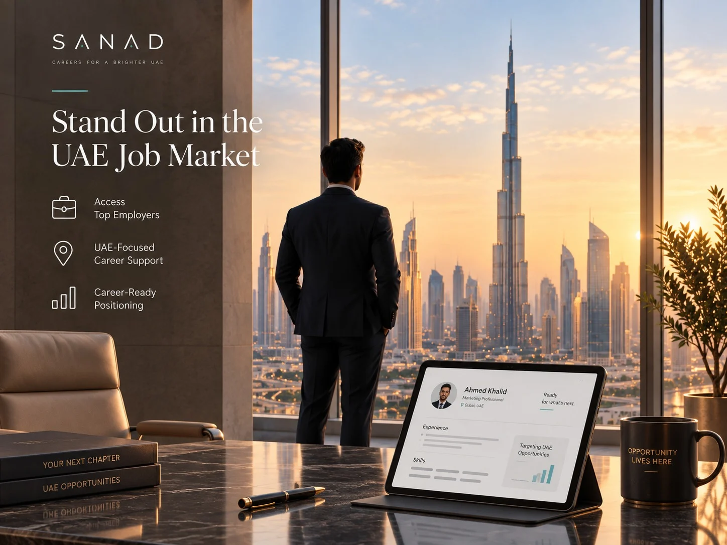 Contemporary UAE corporate office overlooking a modern business district